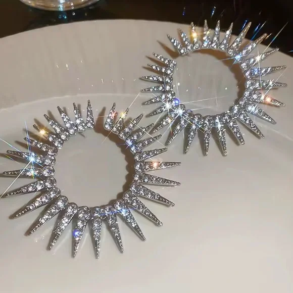 Lux! Silver Spike Rhinestone Hoop Earring – 40mm Statement Sparkle Circle - Picture 5 of 14